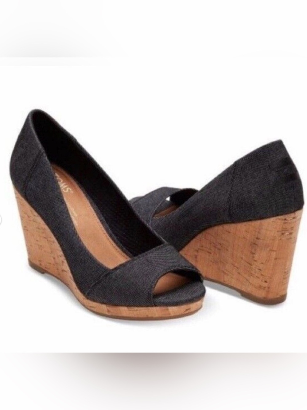 TOMS Black Denim Peep-Toe Flats